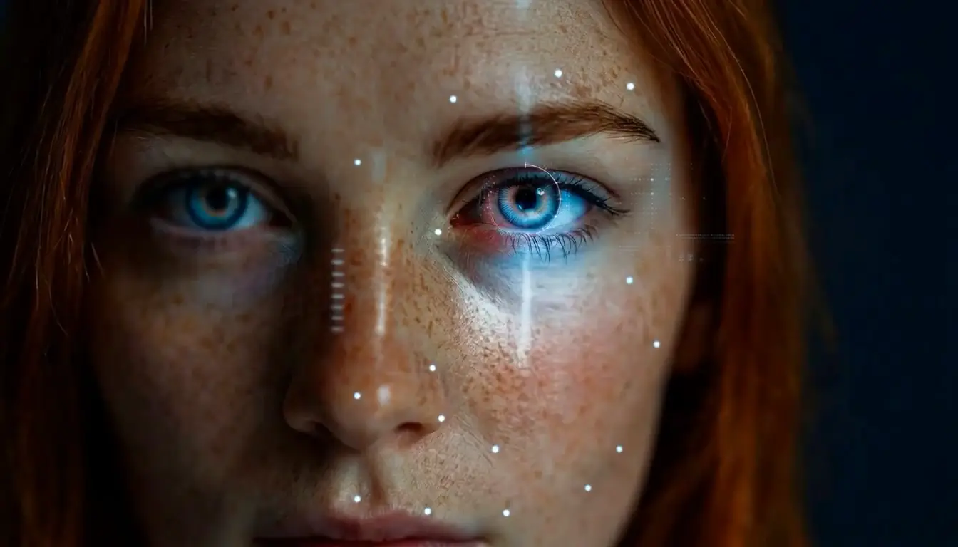 Close-up of a human eye with a digital biometric scan overlay